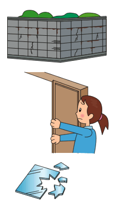 イラスト：建物にヒビが入る、戸が開かなくなる、ガラスが割れる