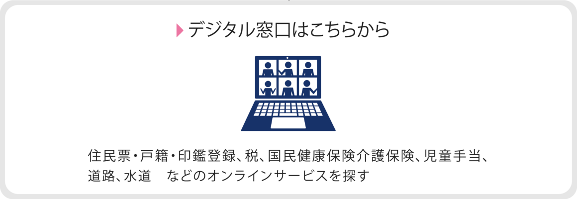 住民票・戸籍・印鑑登録、税、国民健康保険、介護保険、児童手当、道路、水道　などの手続きをここから探せます